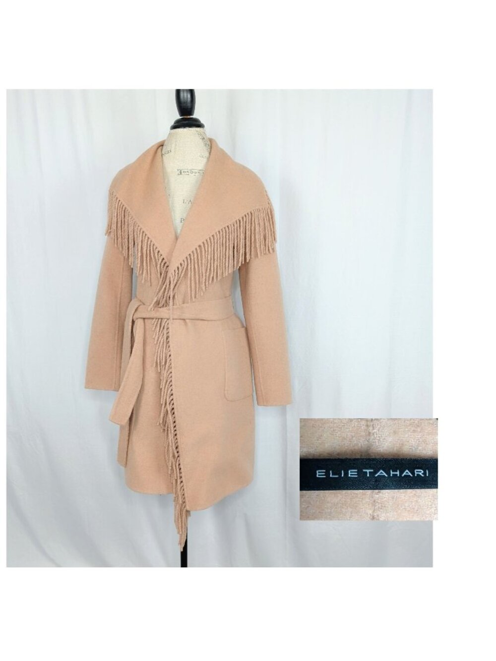 Elie Tahari Tan Coat X Small Fringe Wool Mid Belt Camel